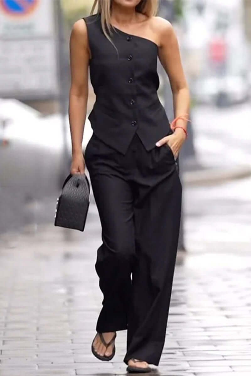 Women's Asymmetric Shoulder Sleeveless Pant Set