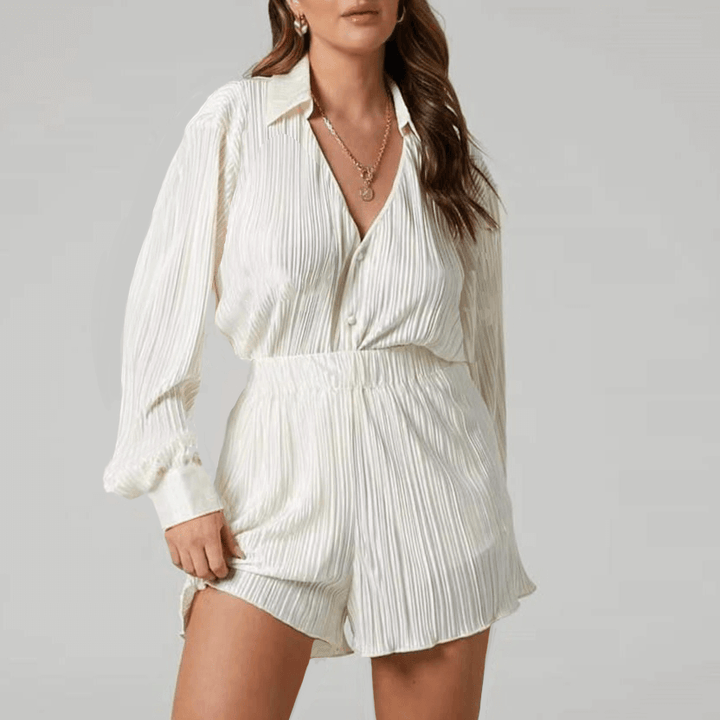 Women's Pleated Loose Summer Shirt & Shorts Set