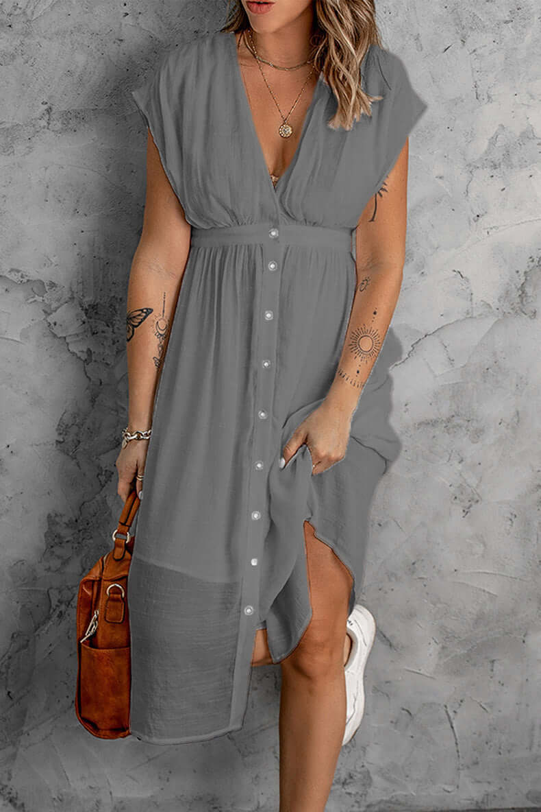 Elegant Deep V-Neck Sleeved Dress