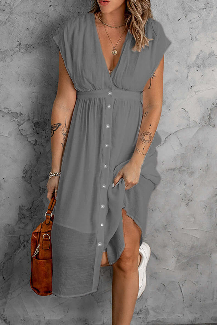 Elegant Deep V-Neck Sleeved Dress