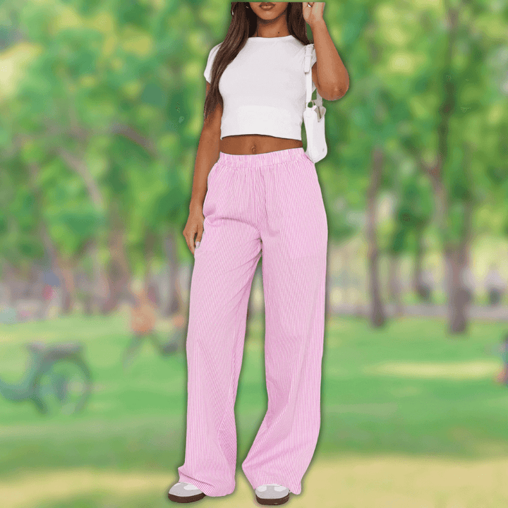 Women's Wide Leg Summer Pants: Eyelet Detail High-Rise Pull-On