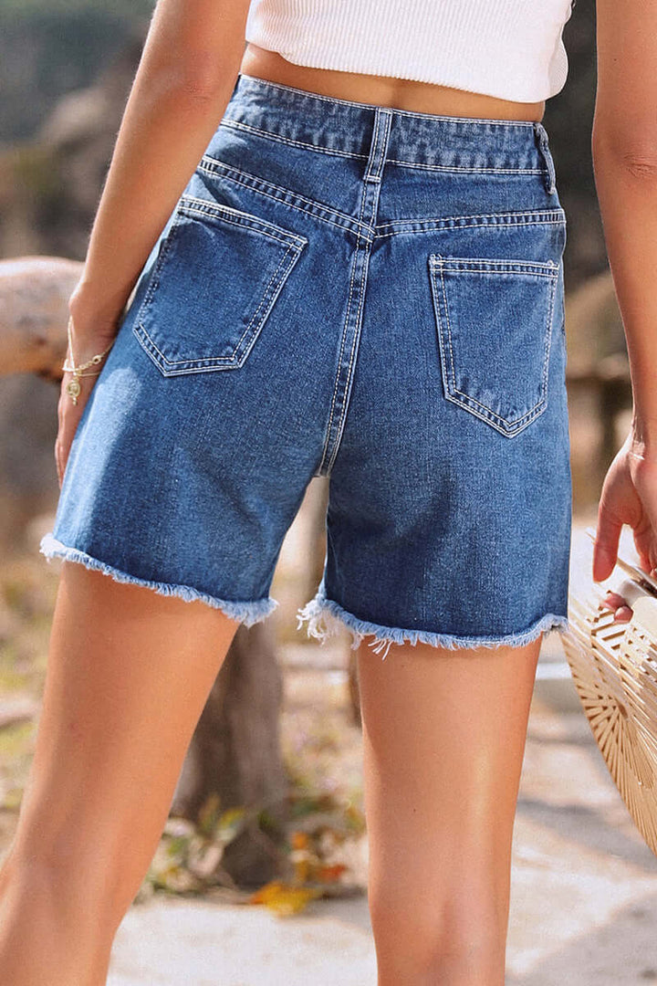 Women's Denim Shorts: Raw Hem, Solid Color