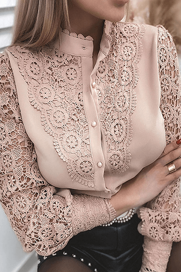 Elegant Lace Cut-Out Mandarin Collar Top