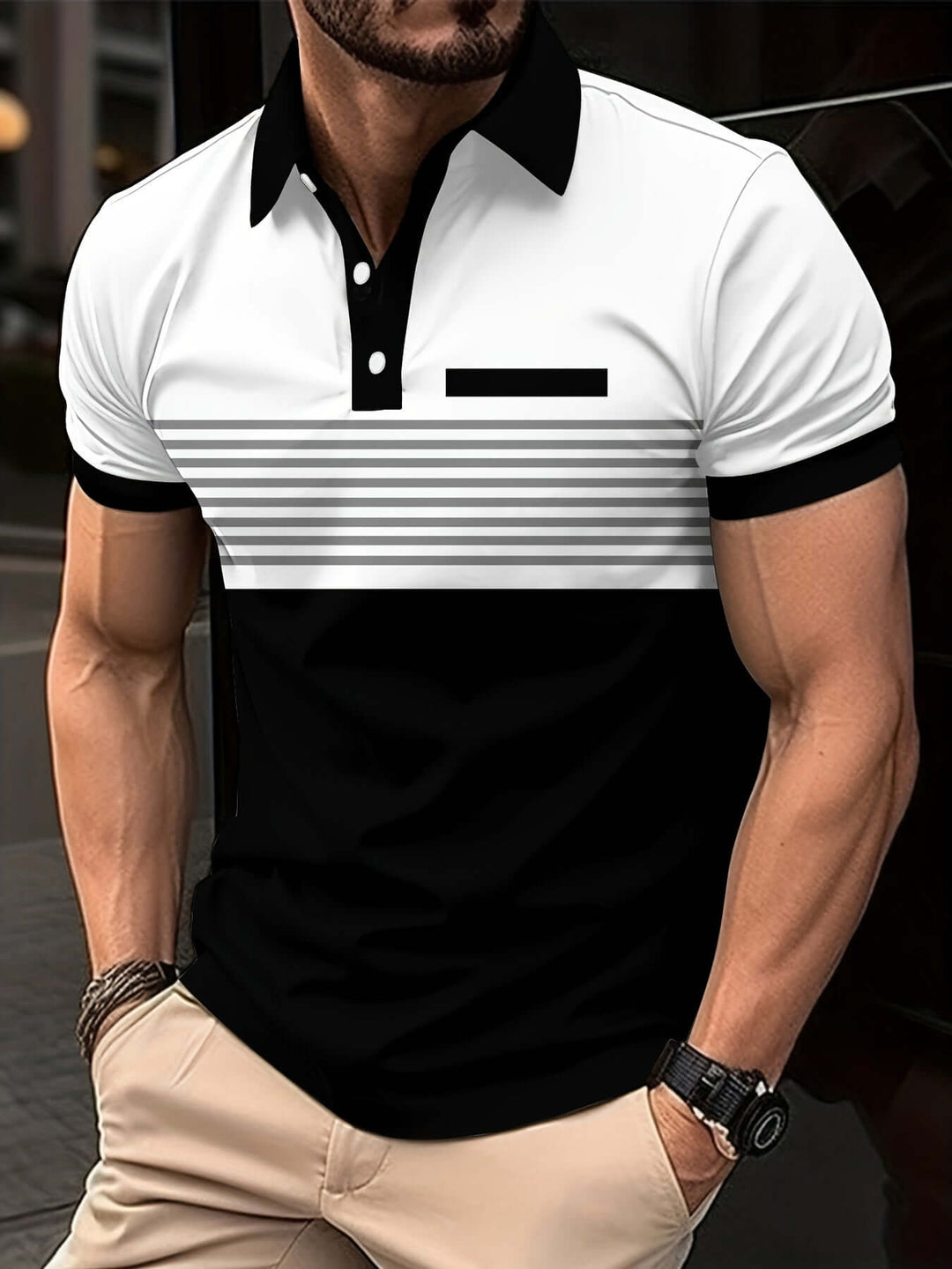 Men's Slim Fit Short Sleeve Polo Shirt with Striped Chest