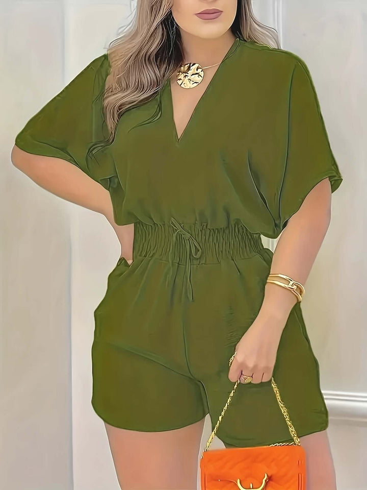 Women's V-Neck Short Sleeve Shirred Waist Romper Jumpsuit