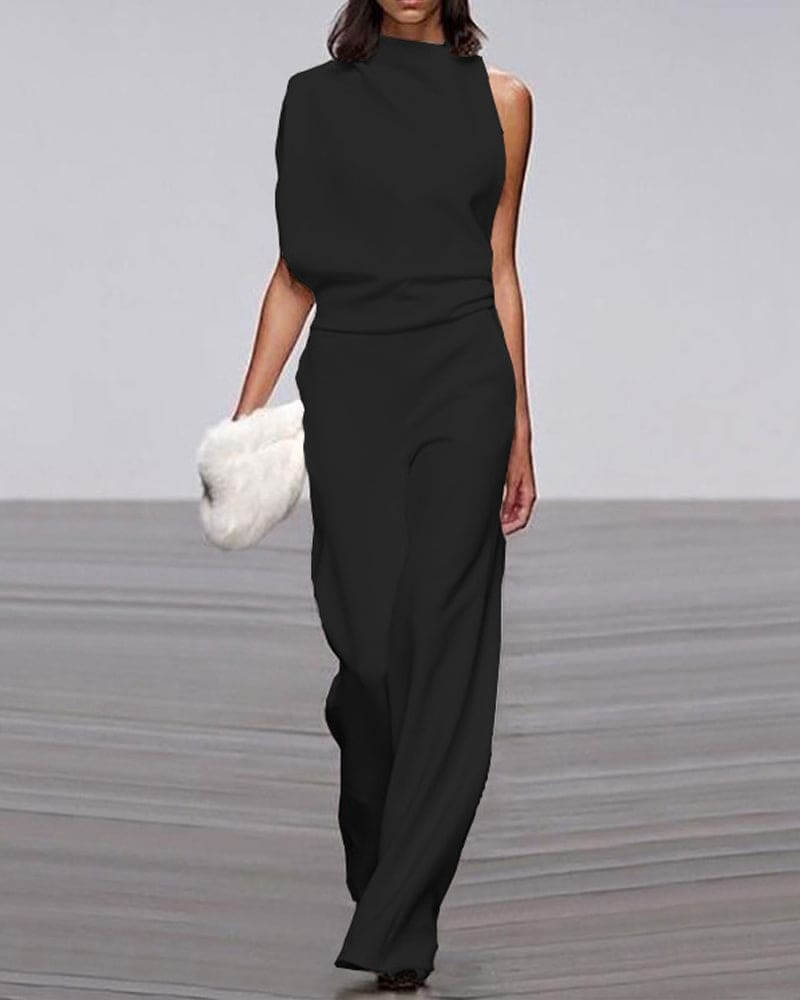 Women's Sleeveless Wide Leg Jumpsuit: Mock Neck Elegance