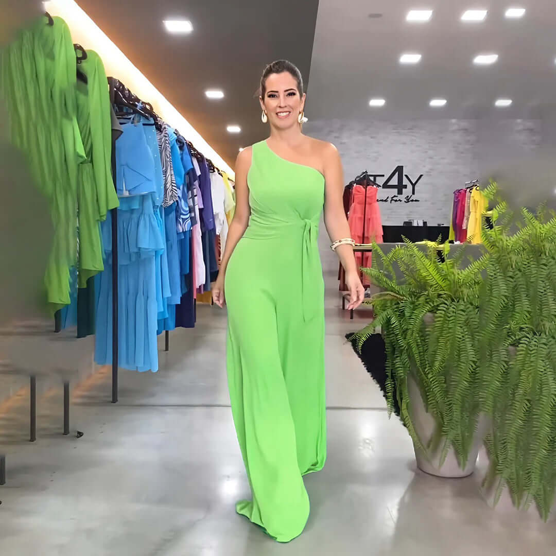 Women's One-Shoulder Wide-Leg Jumpsuit with Waist Tie