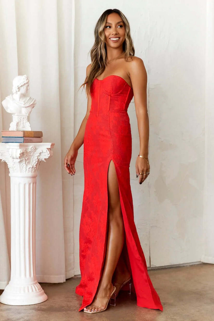 Strapless Evening Gown: Corset Bodice & High Slit