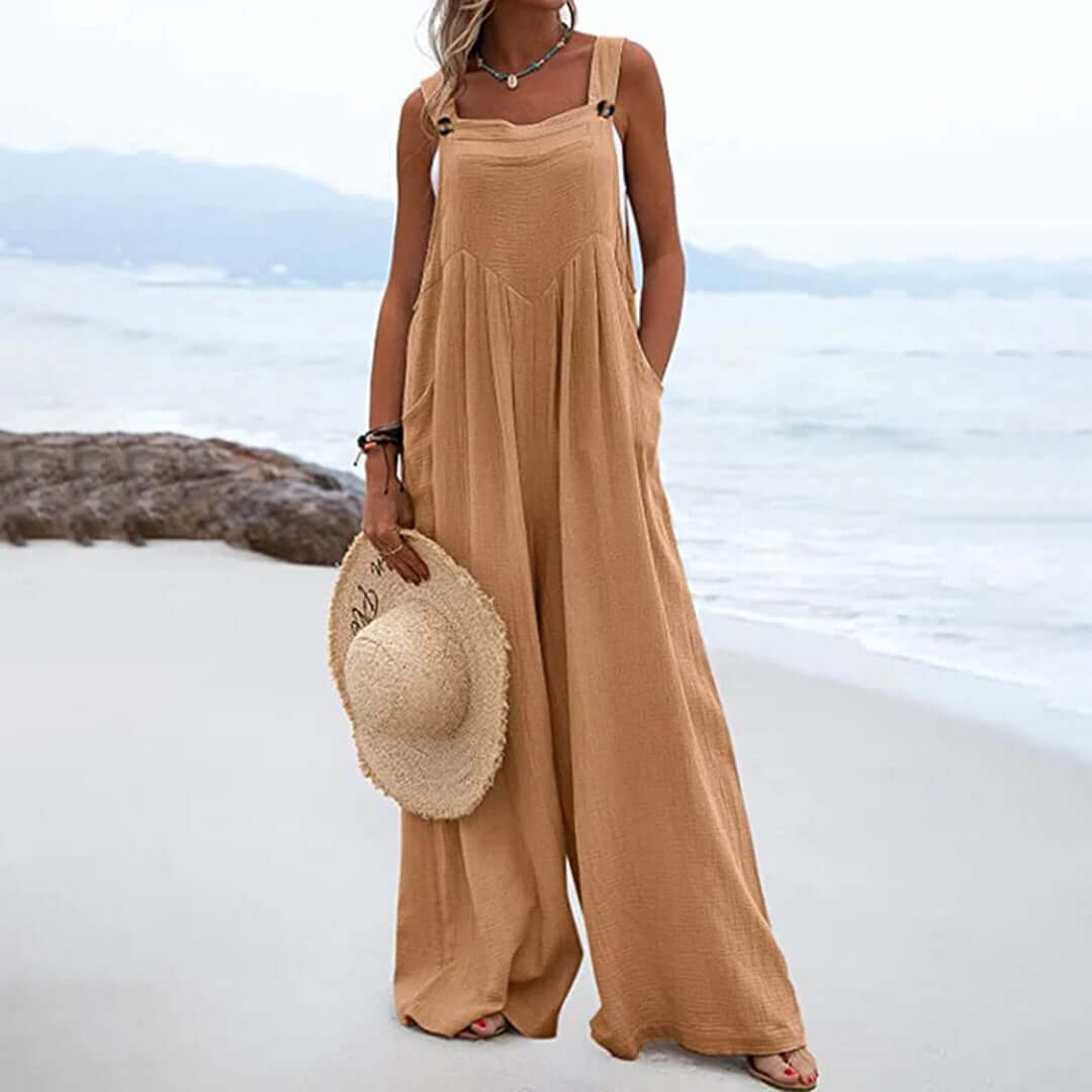 Women's Wide Leg Sleeveless Jumpsuit, Square Neck, Cotton