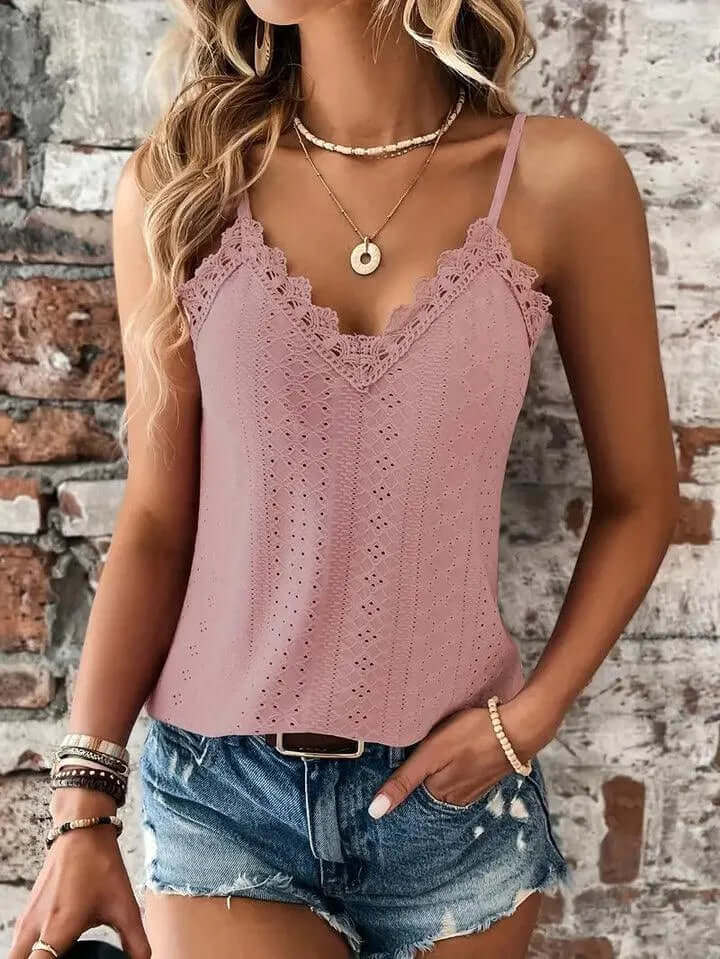 Women's Summer Eyelet Top: V-Neck, Lace Trim, Adjustable