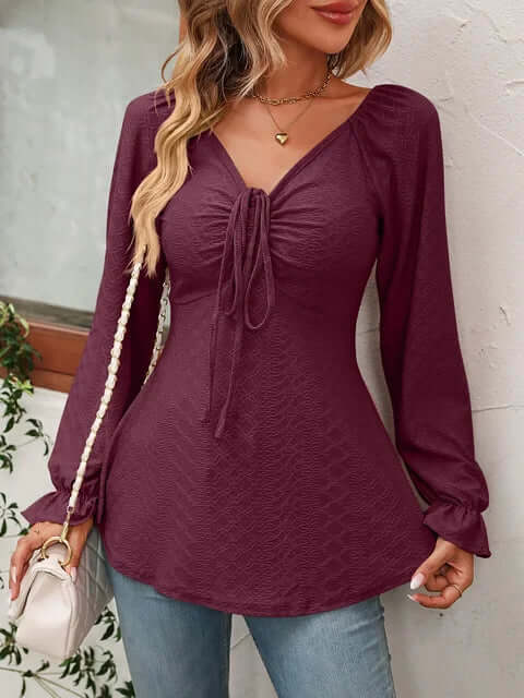 Women's V-Neck Textured Top with Flared Sleeves
