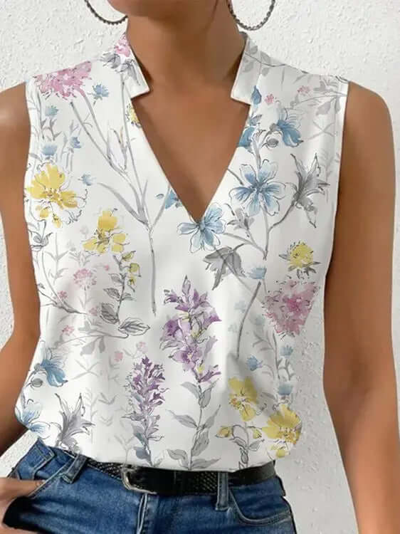 Women's Summer Sleeveless V-Neck Printed Blouse