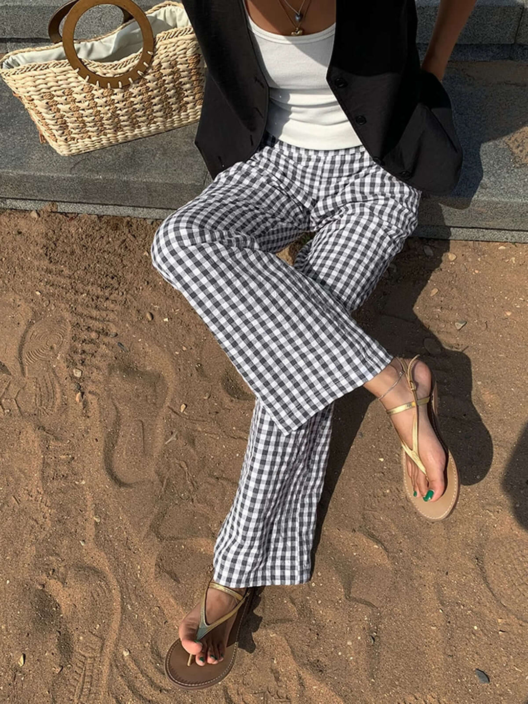 Women's Wide-Leg Gingham Trousers: Relaxed Fit, Breathable Cotton