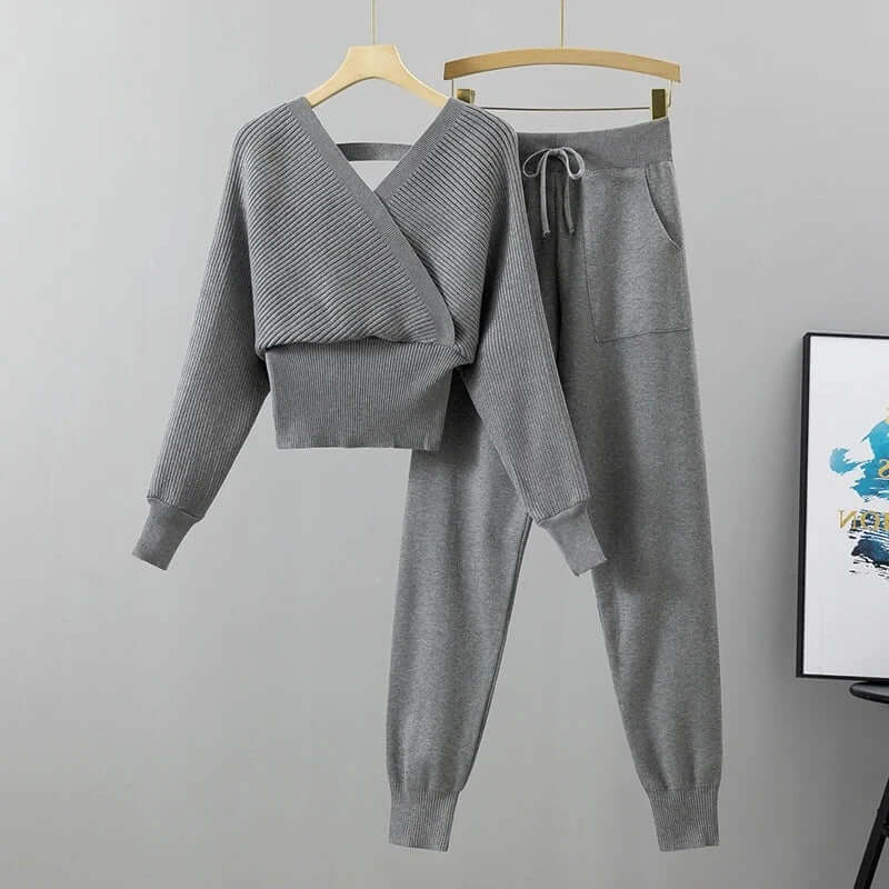 Women's Ribbed V-Neck Top & Harem Pants Set