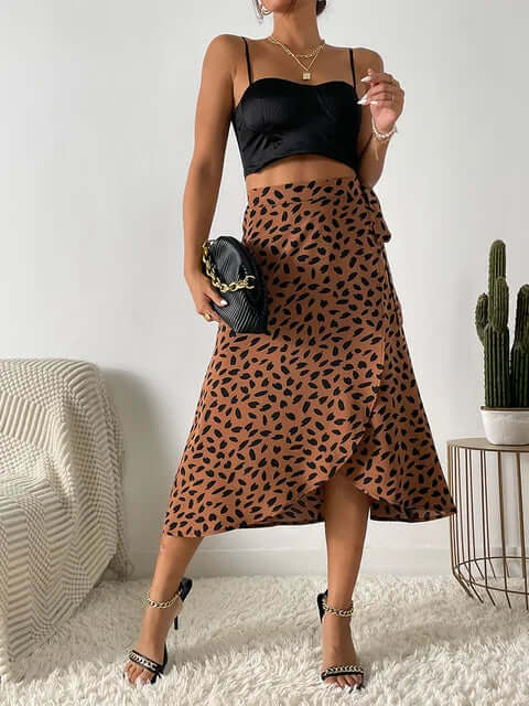 Women's Printed Midi Wrap Skirt with Asymmetrical Hem