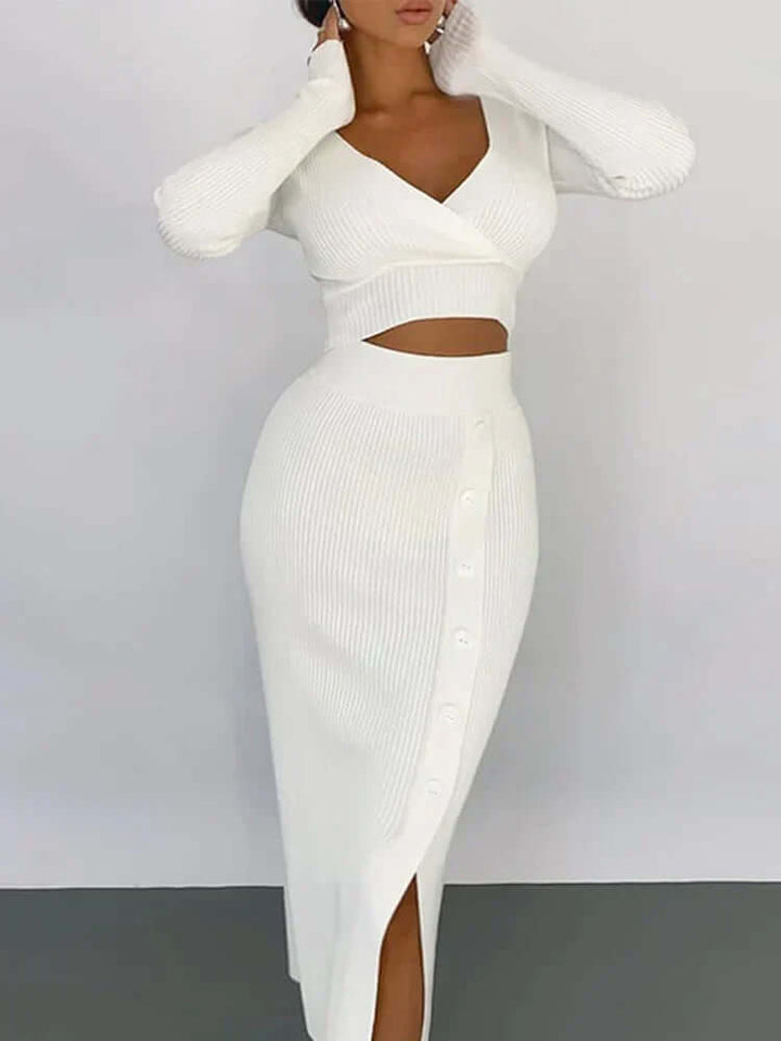 Women's Knit Two-Piece Set: V-Neck Crop Top & Midi Skirt