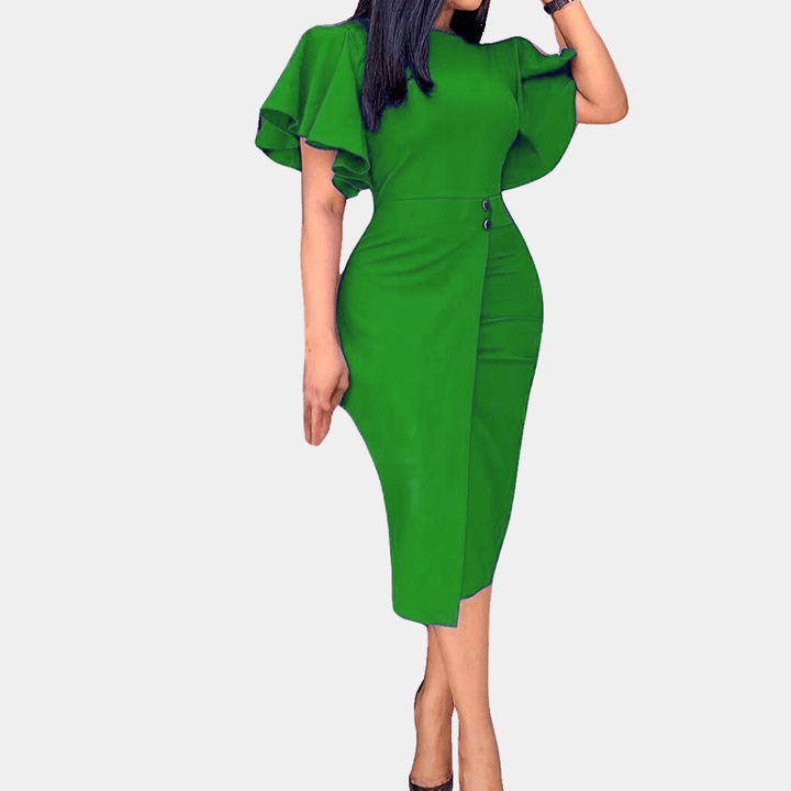Women's Midi Dress: Fitted, Ruffled Sleeves, Wrap Design