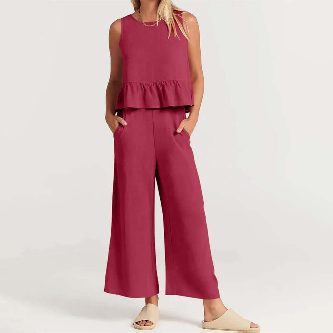 Women's Summer Sleeveless Jumpsuit: Peplum Waist, Wide Leg
