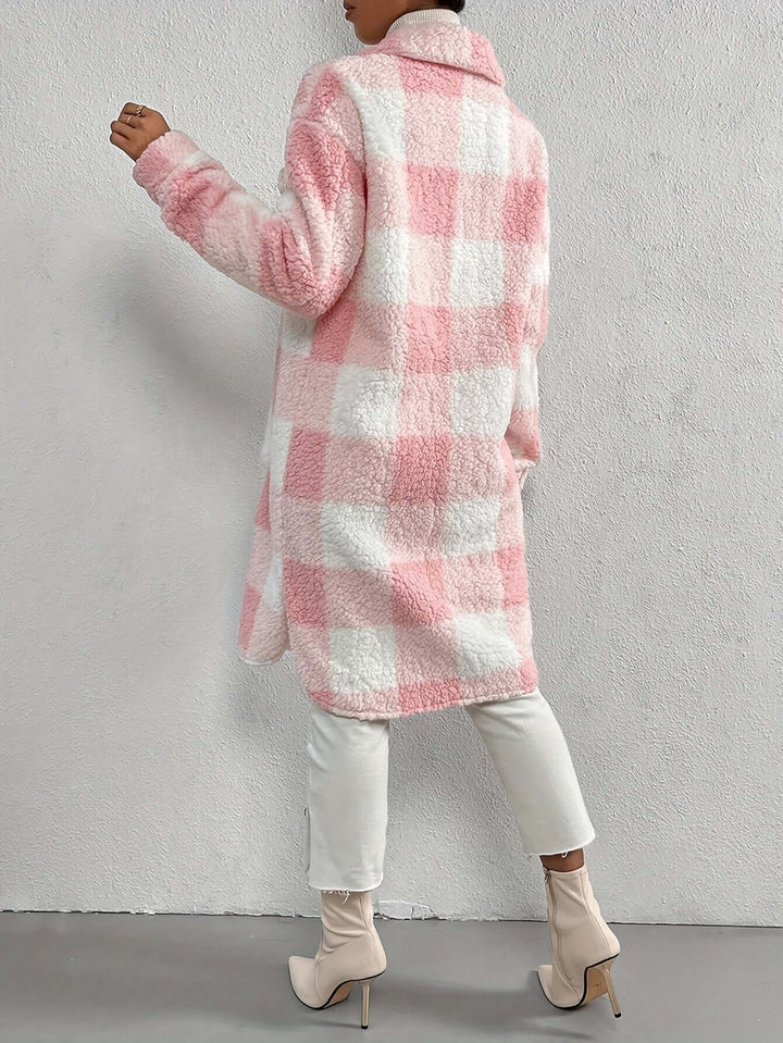 Women's Long Sleeve Checked Coat: Stylish & Warm Outerwear