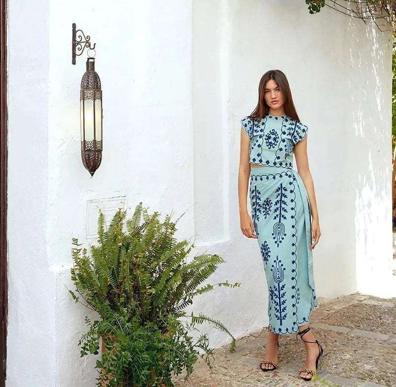 Elegant Women's Embroidered Crop Top & Midi Skirt Set