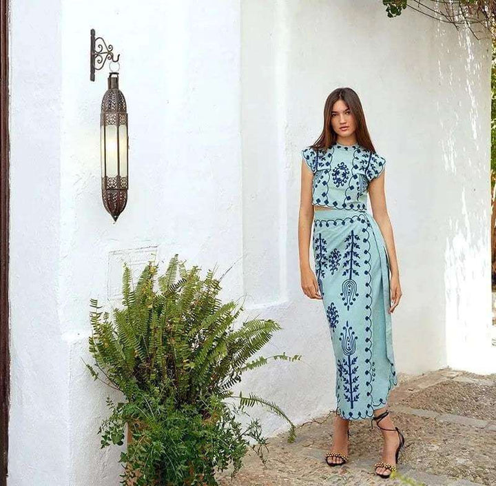 Elegant Women's Embroidered Crop Top & Midi Skirt Set