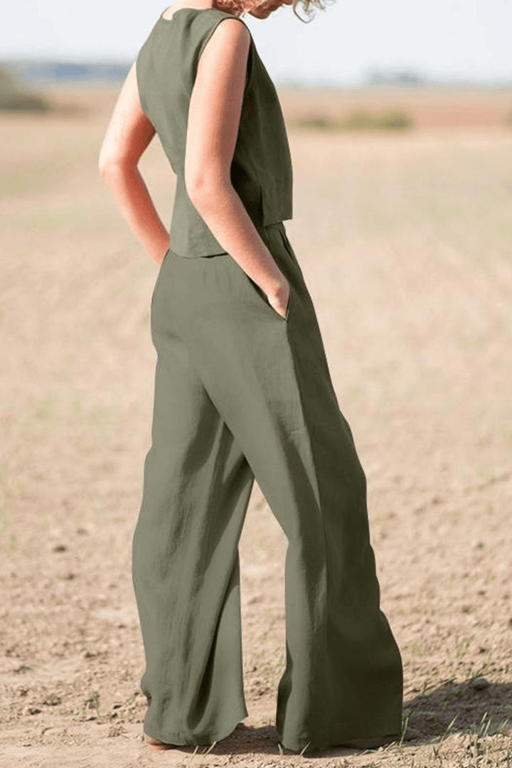 Women's Casual Loose Round Neck Top & Wide Leg Pants Set