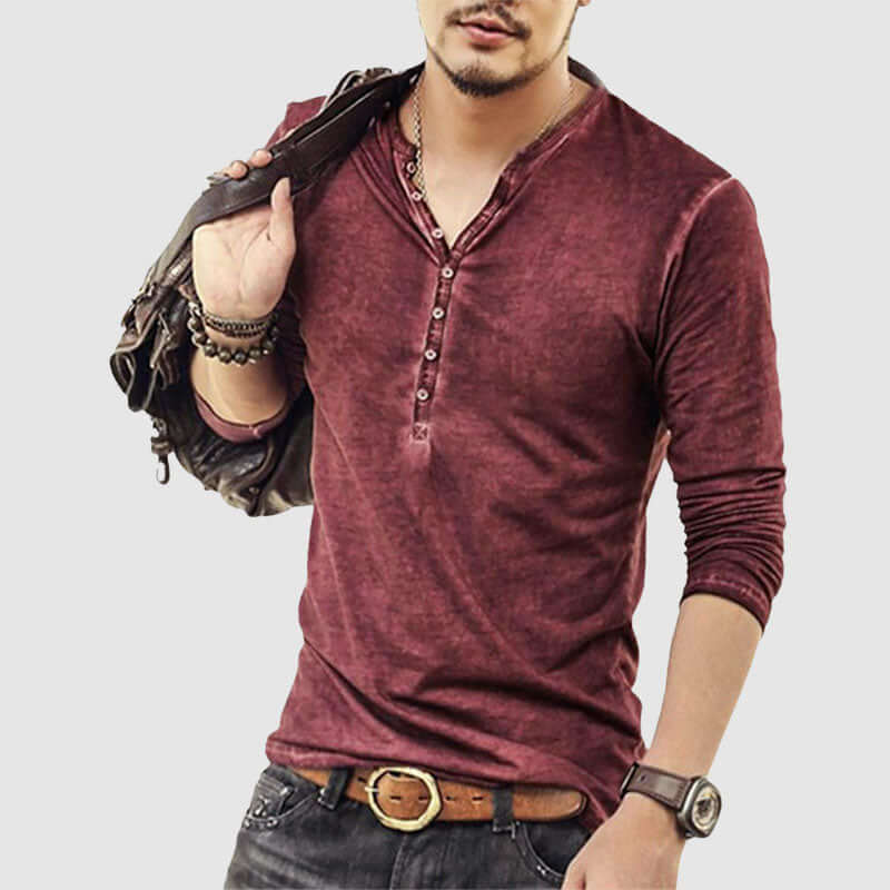 Men's Retro V-Neck Long-Sleeve Casual Shirt