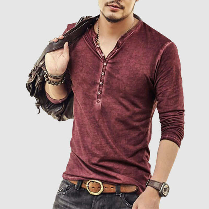 Men's Retro V-Neck Long-Sleeve Casual Shirt