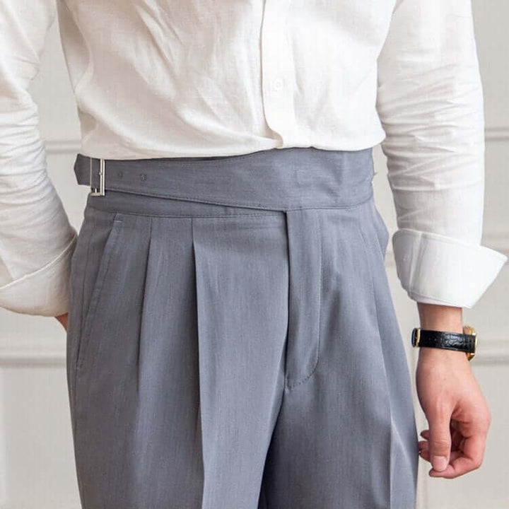 Men's High-Waisted Tailored Trousers: Pleated Front, Adjustable Buckle