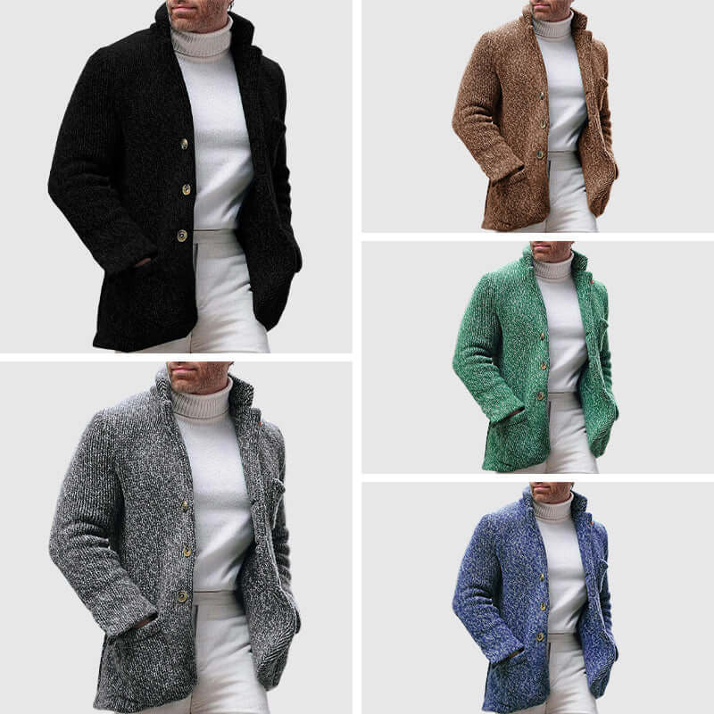 Men's Chunky Knit Cardigan: Stand Collar, Button Front