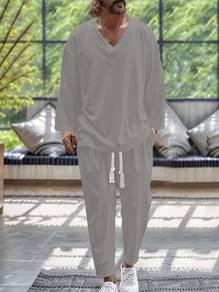 Men's Relaxed-Fit Loungewear Set: V-Neck Top & Trousers