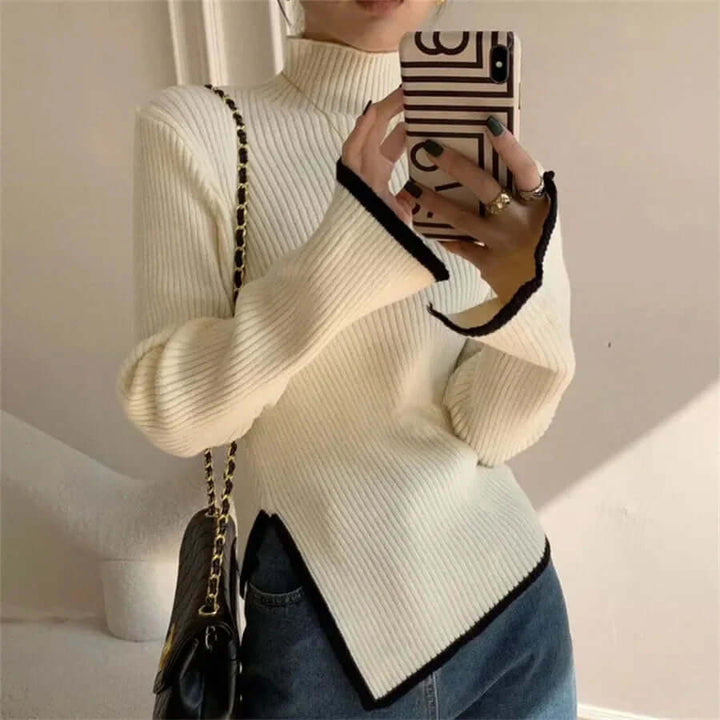 Women's Ribbed Turtleneck Knit Sweater, Long Sleeves, Asymmetric Hem