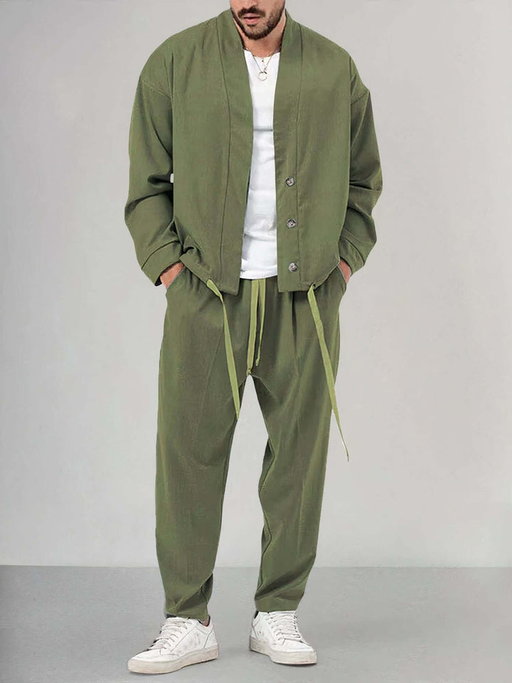 Men's Relaxed Kimono Jacket & Trousers Set: Breathable Cotton Blend