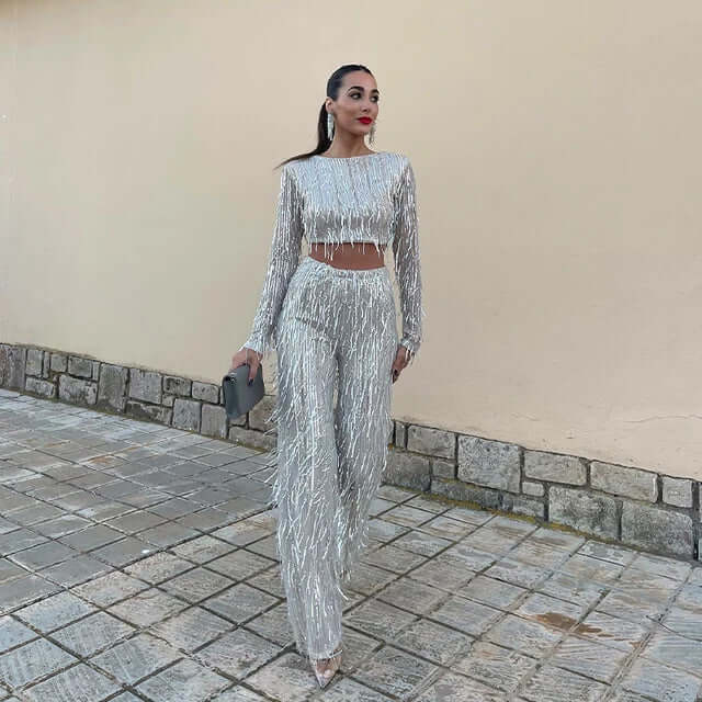 Sequin Crop Top & High-Waisted Pants Set
