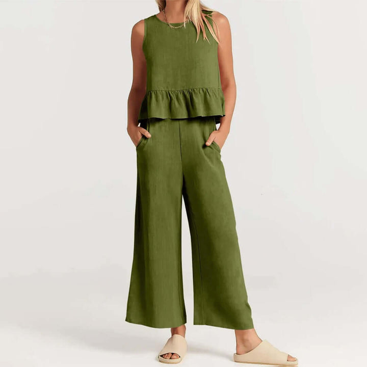 Women's Summer Sleeveless Jumpsuit: Peplum Waist, Wide Leg