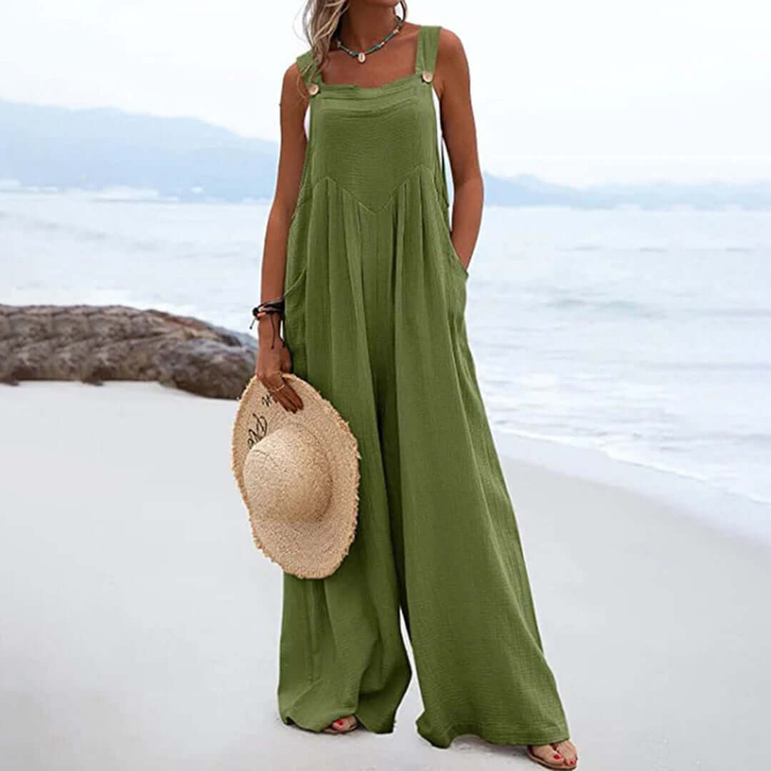 Women's Wide Leg Sleeveless Jumpsuit, Square Neck, Cotton