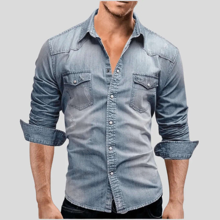 Men's Denim Shirt: Regular Fit, Long Sleeves, Snap Closure