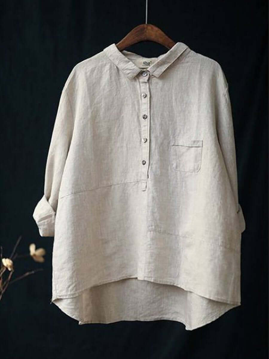 Women's Cotton Linen Long Sleeve Shirt - Relaxed Fit Lapel Neck Top