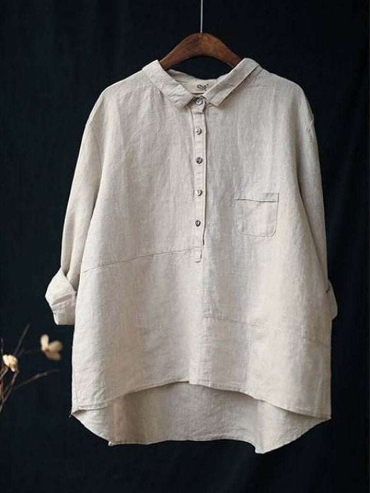 Women's Cotton Linen Long Sleeve Shirt - Relaxed Fit Lapel Neck Top