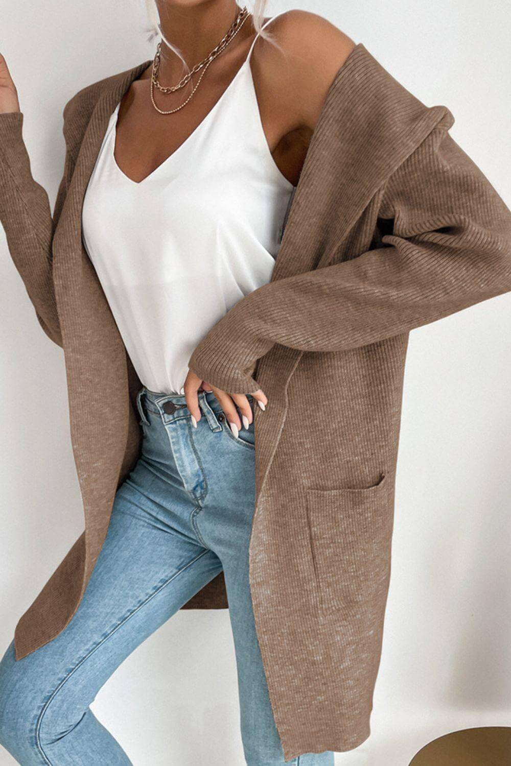 Women's Hooded Ribbed Cardigan: Cozy & Stylish Open-Front Knit