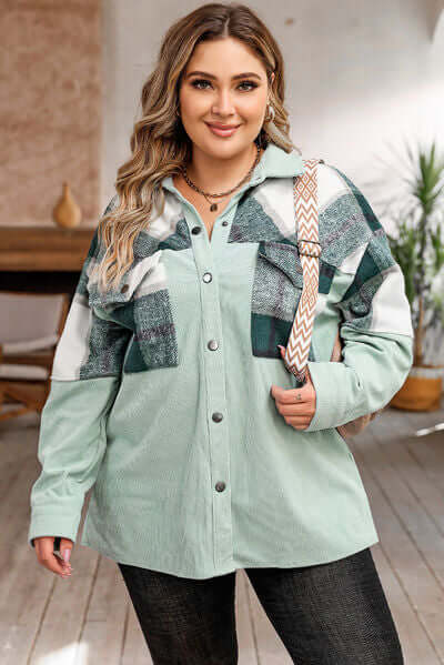 Plus Size Plaid Jacket: Women's Autumn/Winter Button-Front Pocket Jacket