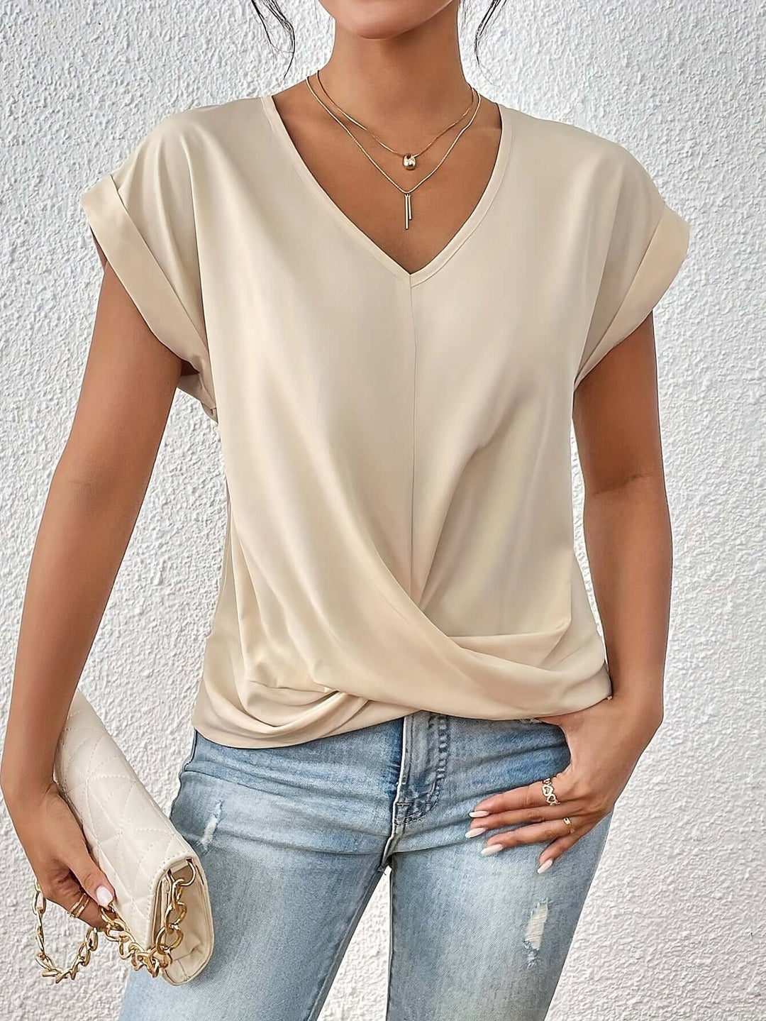 Women's V-Neck Draped Front Blouse: Relaxed Fit Top