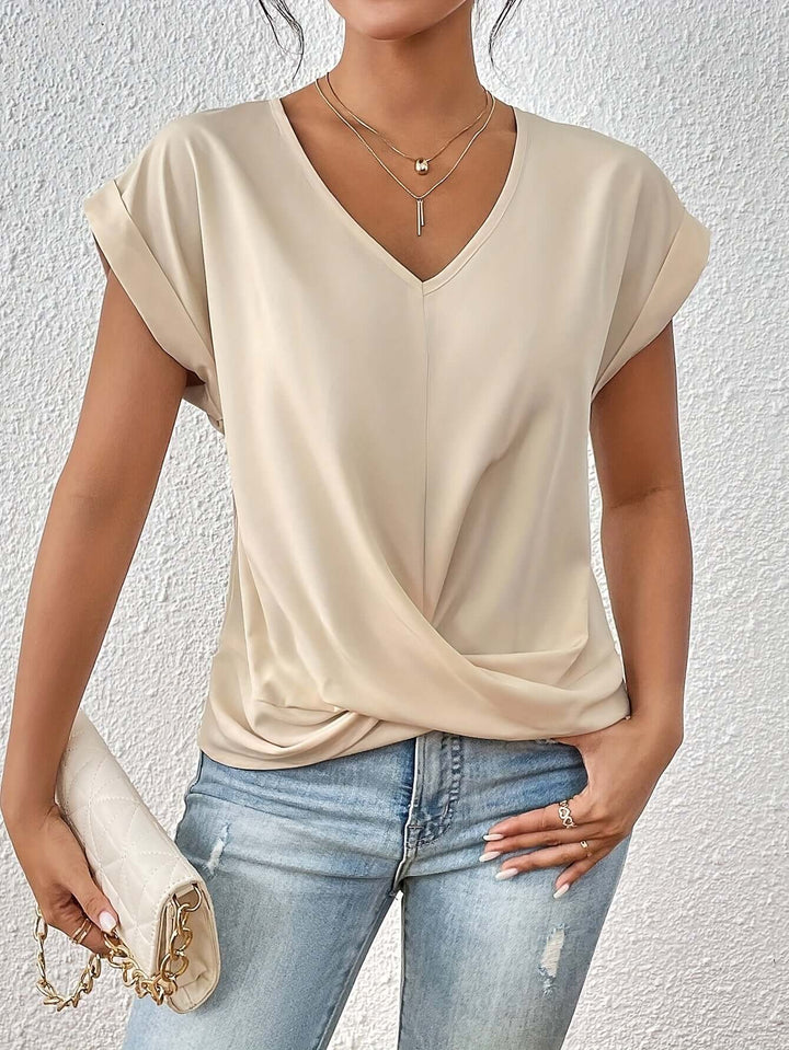 Women's V-Neck Draped Front Blouse: Relaxed Fit Top