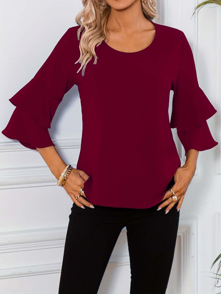 Women's Ruffle Sleeve Blouse - Round Neck, Regular Fit