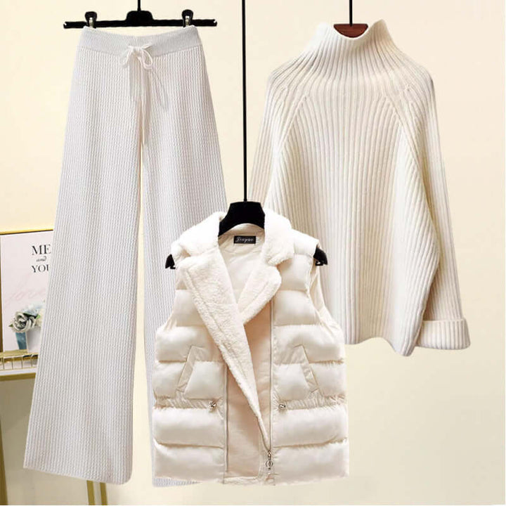 Women's Cotton 3-Piece Set: Cardigan, Turtleneck, High-Waisted Pants