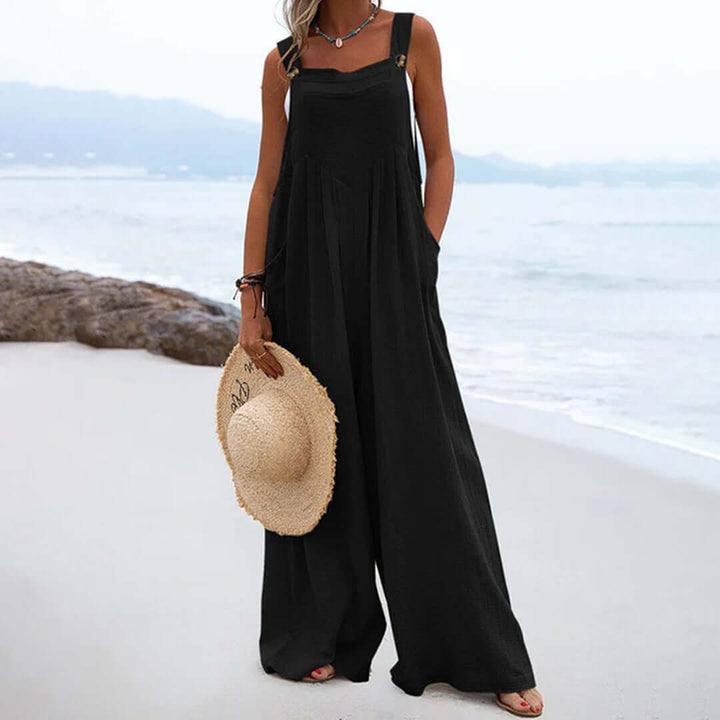 Women's Wide Leg Sleeveless Jumpsuit, Square Neck, Cotton