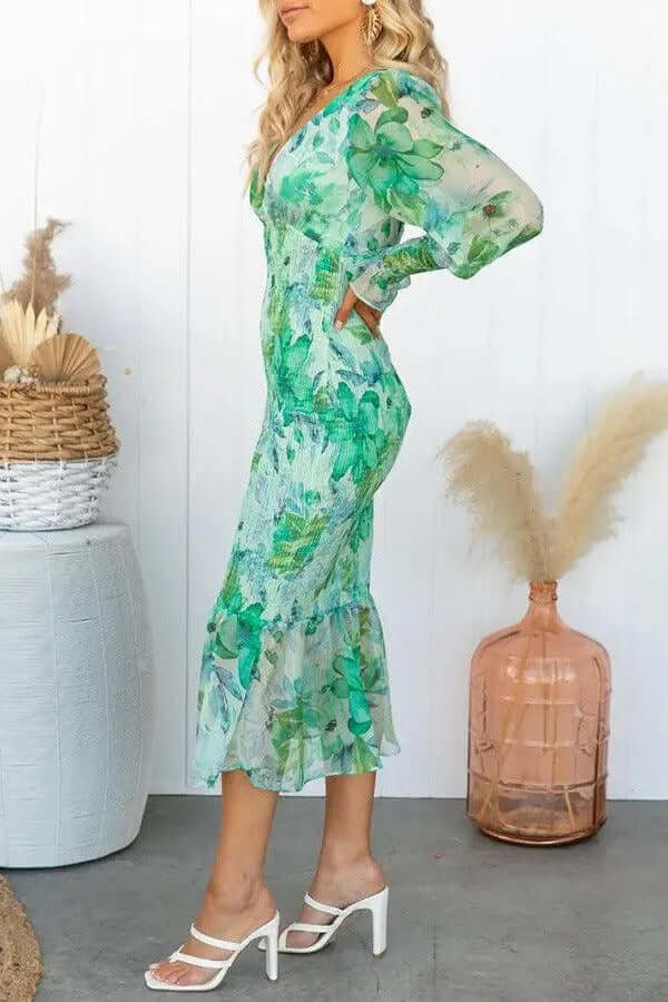 Women's Floral Midi Dress: Fitted, V-Neck, Puff Sleeves