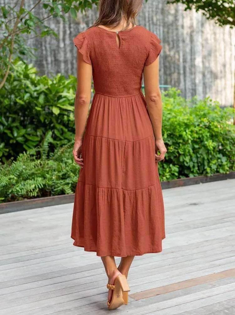 Women's A-Line Midi Dress with Flutter Sleeves