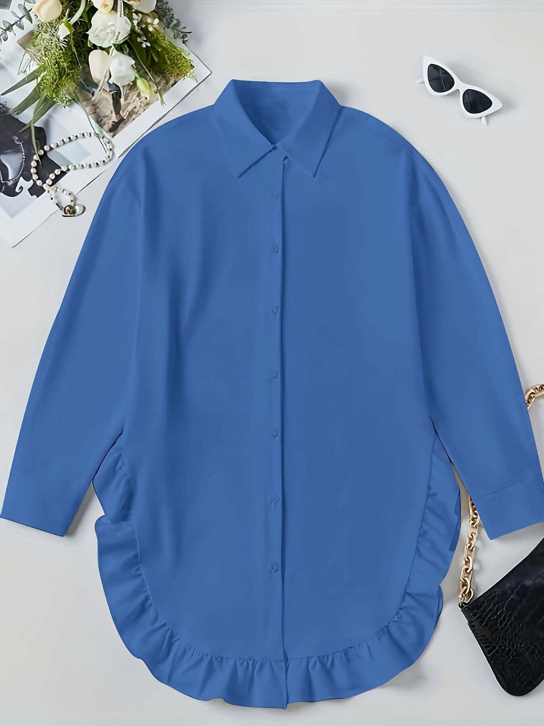 Women's Relaxed Fit Long Sleeve Shirt Dress with Ruffle Hem
