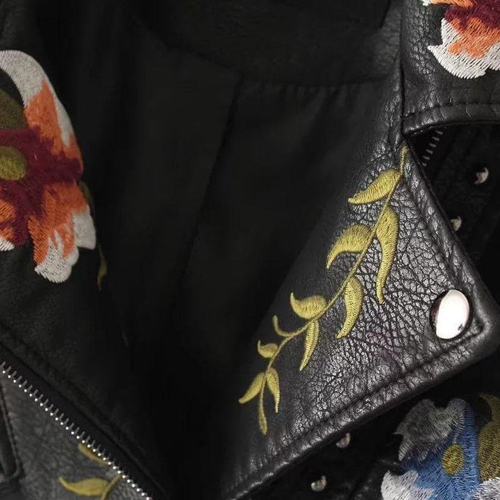 Women's Casual Floral PU Leather Jacket